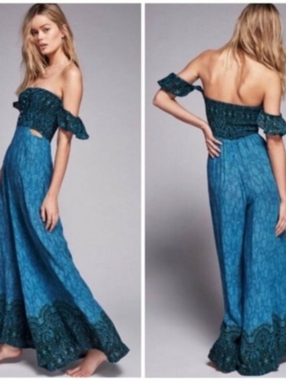 Free People NWOT Off Shoulder Bali Jumpsuit Boho Festival Size S in Teal - Picture 2 of 11